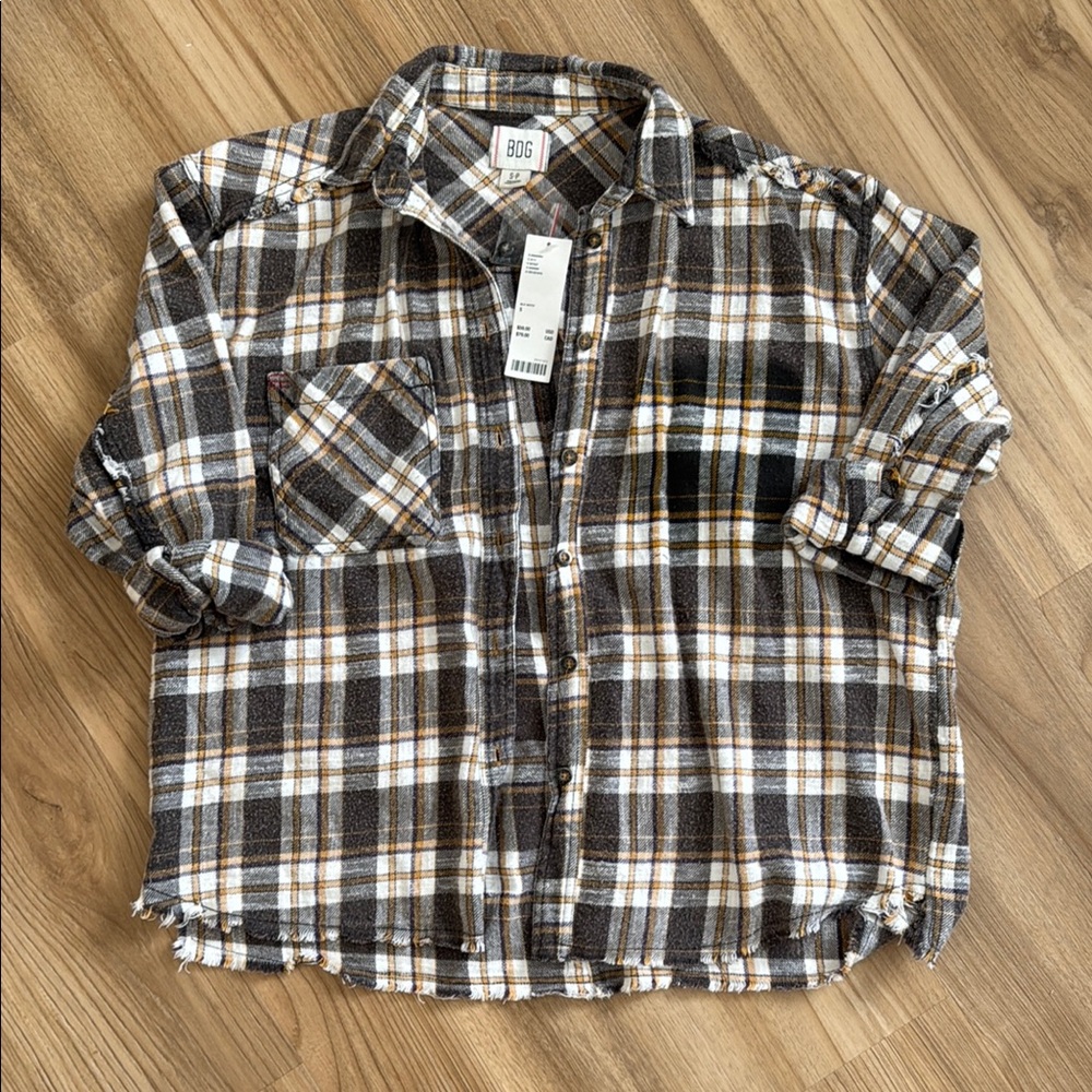 BDG Women’s Casual Brown and White Plaid Shirt